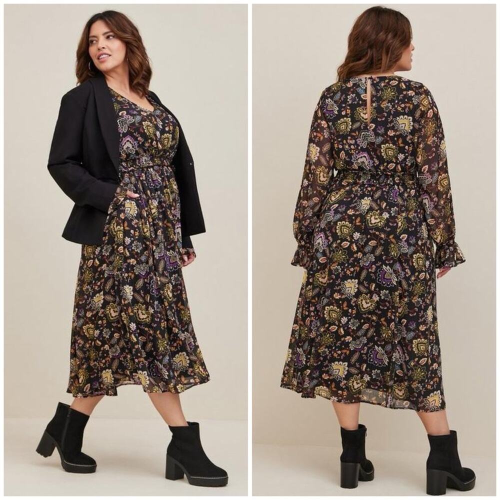 Torrid Black Floral Chiffon Lurex V Neck Tiered Maxi Dress 3X 18491136 - Picture 16 of 16